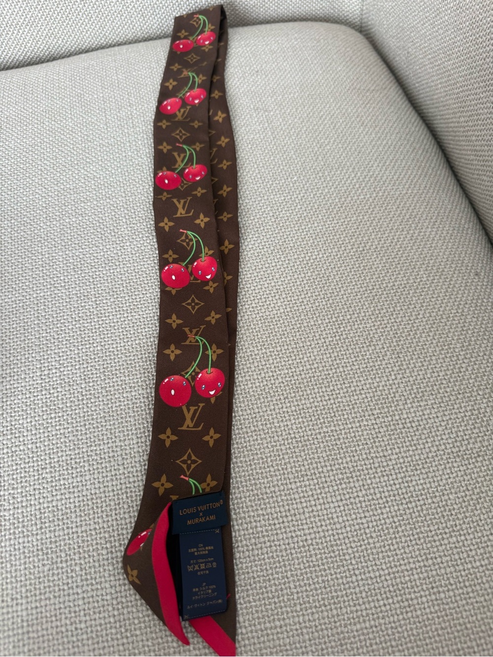 Louis Vuitton Brown Monogram Cherry Twilly Murakami Scarf with Red Accents